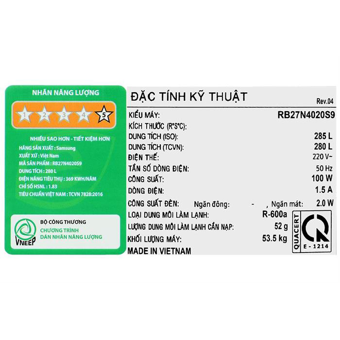 Tủ lạnh Samsung Inverter 280 lít RB27N4020S9